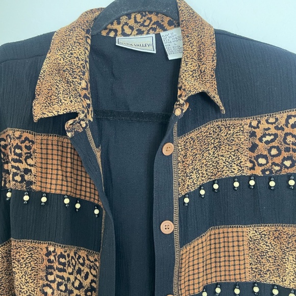 Leopard Beaded Tassel Animal Print Paid Button Down Elegant Classy Chic Blouse - Picture 5 of 6